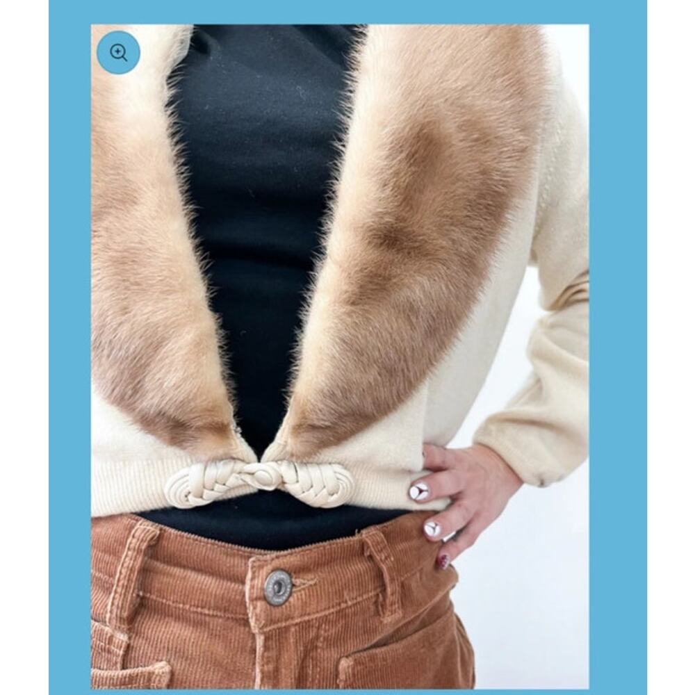 Vintage Womens Mink Fur Trim Cashmere Sweater 50s Glam Coquette Retro Pearl Lady